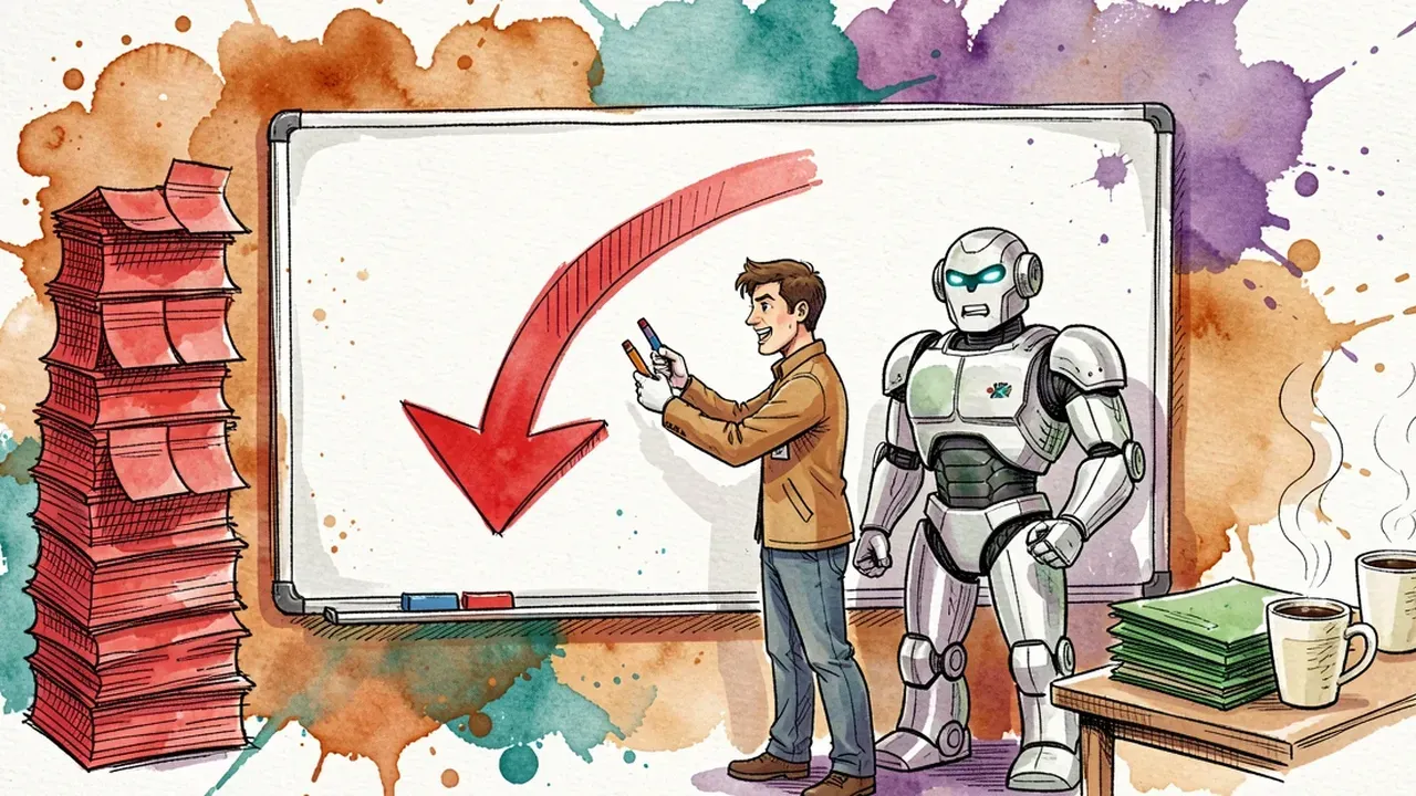 Ink and watercolor sketch of a team lead and a robot support agent reviewing a wall chart together, a big arrow going down over a stack of red error notes and a small green pile of resolved tickets