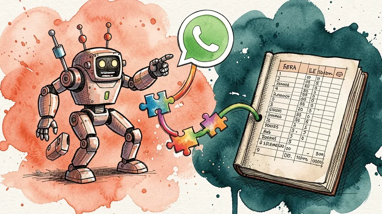 Robô conectando cabos coloridos entre um ícone de chat do WhatsApp e um livro-razão financeiro