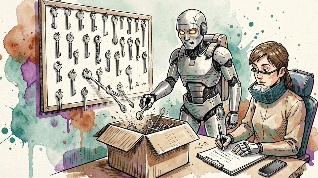 Robô-agente tirando chaves empoeiradas e sem uso de um quadro de parede e jogando numa caixa de papelão, enquanto uma colega anota num livro de registro