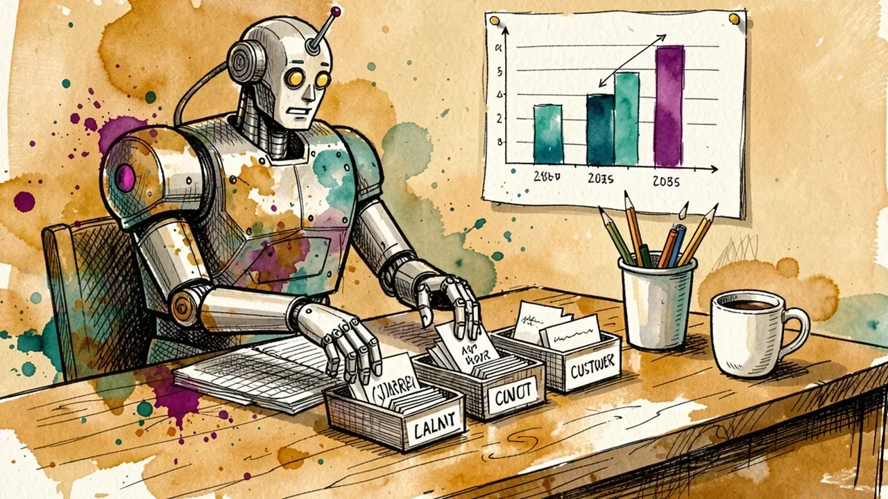 Watercolor illustration of a robot sorting customer cards into three labeled piles on a desk, a simple bar chart in the background