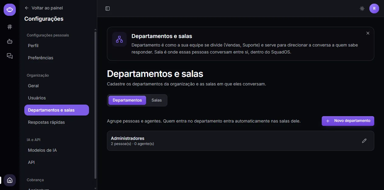Tela de Departamentos e salas, na aba Departamentos