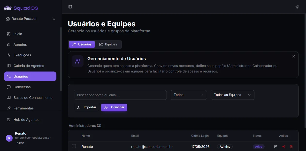 Users tab with filters, bulk actions, and the table of members + pending invitations
